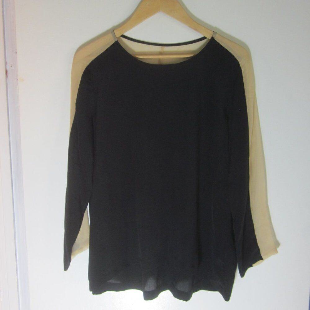 Carleen Kelsy Parkhouse Blouse Silk 42 Colorblock Tan Black Minimalist w/ Flaw